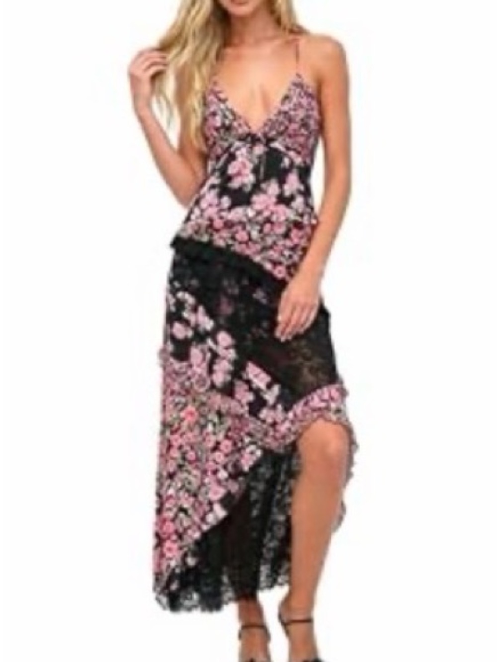 Pink Floral High-Low Maxi Dress with Black Lace Trim